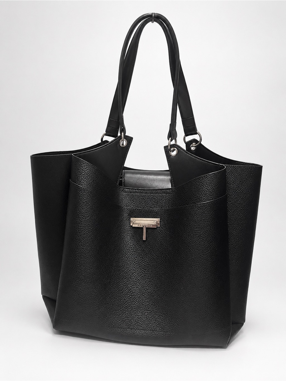 Structured Black Tote with Silver Accent